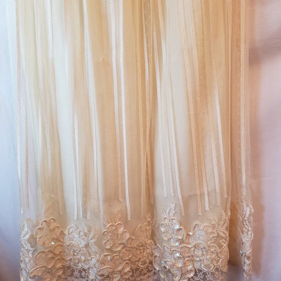 Vtg Yellow Stripe Lace Mesh Tulle Sheer Floral Applique Sequin Midi Maxi Skirt M - Picture 9 of 16